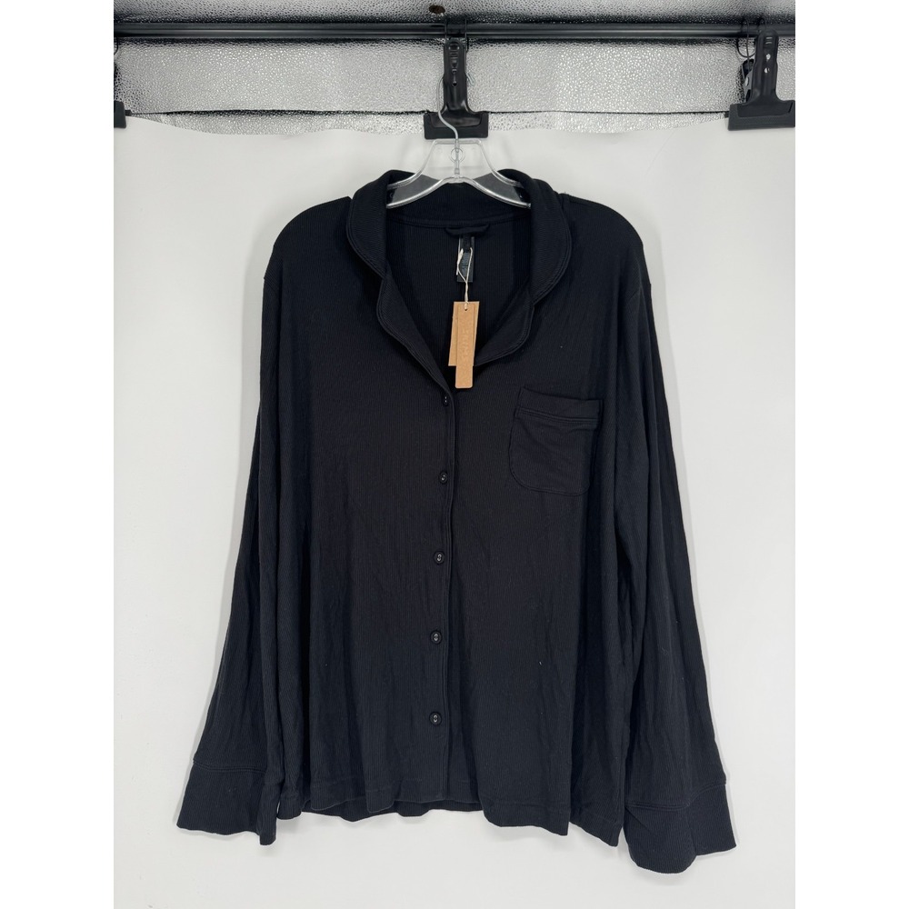 Skims Soft Lounge Rib Sleep Pajama Shirt Ribbed Large Onyx Long Sleeve Button Up